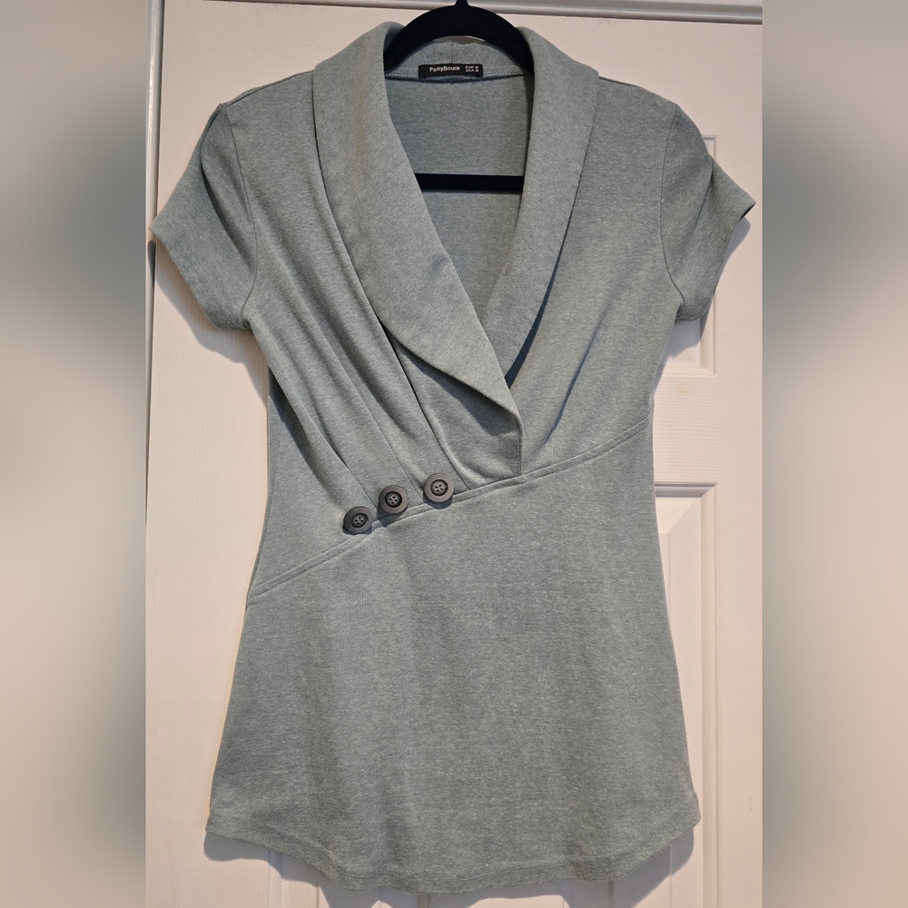 Women's PattyBoutik Green Heather Shawl Collar Blouse Button Accents Size Medium